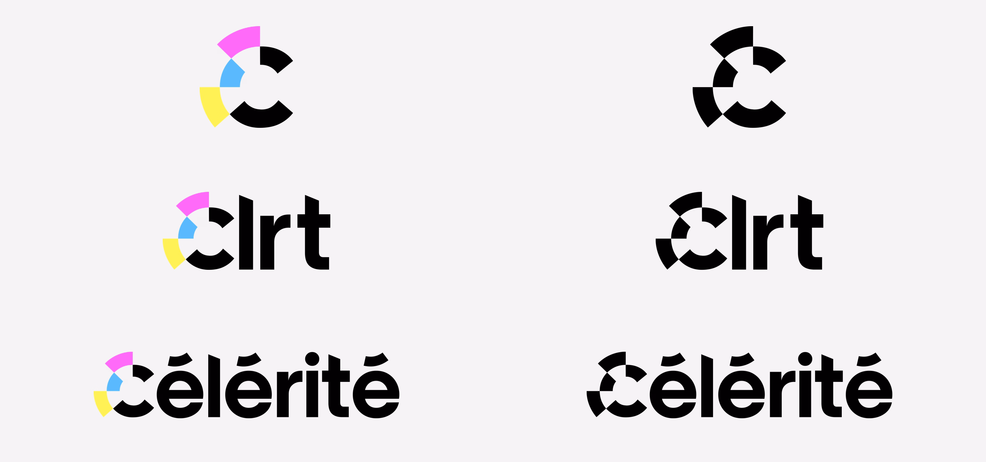 The six Célérité logo variants on a light background: the symbol, the short Clrt version and the full name, in colour and in black monochrome