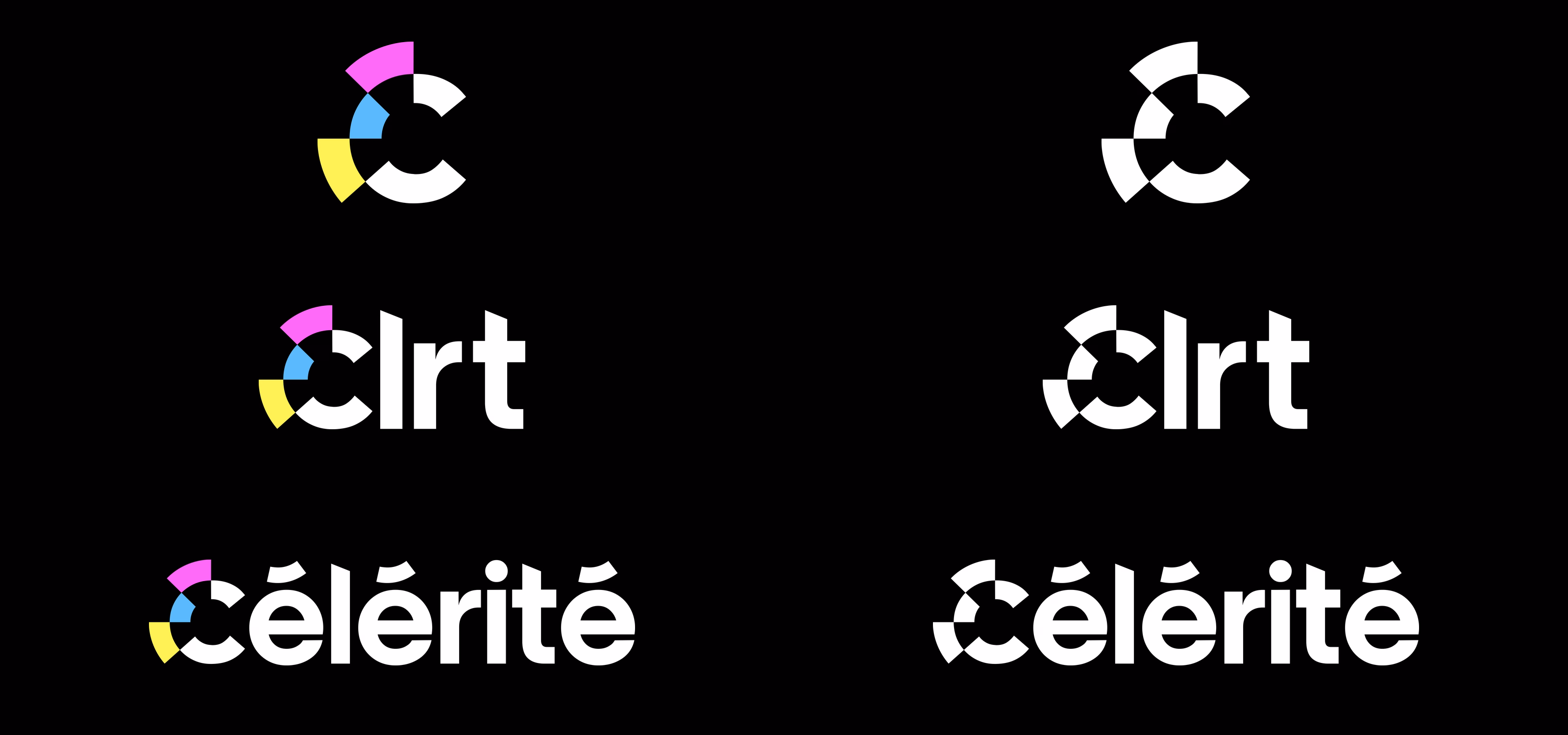 The six Célérité logo variants on a black background: the symbol, the short Clrt version and the full name, in reversed colour and in white monochrome